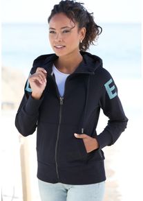 Kapuzensweatjacke ELBSAND, Damen, Gr. XXL (44), marine, Sweatware, Obermaterial: 95% Baumwolle, 5% Elasthan, unifarben mit Farbeinsatz, figurumspielend h&uuml;ftlang, extrabreites B&uuml;ndchen, Sweatjacken Kapuzensweatjacke, mit gro&szlig;em Logodruck hinten, bequeme Freizeitjacke mit Taschen, Topseller