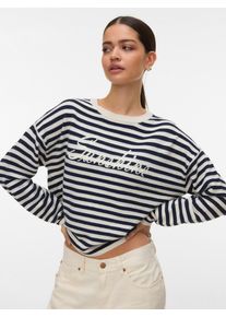 V&eacute;ro Moda Strickpullover VERO MODA "VMAPPLE LS O-NECK PULLOVER BOO", Damen, Gr. M, birch stripes:navy blazer, Strick, Obermaterial: 80% Polyester, 20% Nylon, gestreift, regular fit, Rundhals, Pullover Strickpullover, mit trendigem "Sunshine" Schriftzug