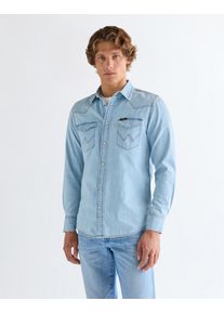 Langarmhemd Wrangler "WESTERN SHIRT", Damen, Gr. M, N-Gr, riverbank, Web, Obermaterial: 100% Baumwolle, regular fit normal, &Auml;rmel mit &Auml;rmelschlitz Manschette mit Druckkn&ouml;pfen, Hemden Langarmhemd