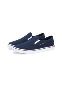 Slip-On Sneaker Tommy Hilfiger "VULC CORE SLIP ON", Damen, Gr. 45, dunkelblau, Baumwolle, unifarben mit Farbeinsatz, Schuhe Slip-On Sneaker, Freizeitschuh, Halbschuh, Slipper mit seitlichem Logoschriftzug