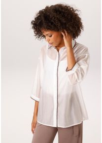 Hemdbluse Aniston CASUAL, Damen, Gr. 38, wei&szlig; (wollwei&szlig;, dunkeltaupe), Web, Obermaterial: 85% Lyocell, 15% Polyester, kontrastfarbene Details, leicht transparent, unifarben, oversize h&uuml;ftbedeckend, 1-Knopf-Manschette, Blusen Hemdbluse, mit kontrastfarbener H&auml;kelspitze verziert - NEUE KOLLEKTION