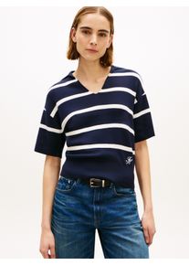 Strickpullover Tommy Hilfiger "CO FULL NEEDLE POLO SS SWT", Damen, Gr. XS (34), big stp schwarz night, ivory petal, Strick, Obermaterial: 100% Baumwolle, gestreift, regular fit normal, V-Ausschnitt, Pullover Strickpullover, mit V-Ausschnitt