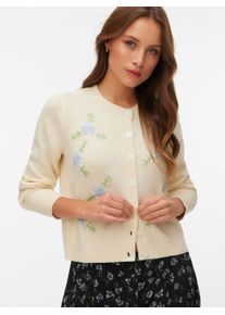 V&eacute;ro Moda Strickjacke VERO MODA "VMCAMILLE LS O-NECK EMB CARDIGAN BTQ", Damen, Gr. S, birch detail:with brunnera blau flower, mistletoe leaf, Strick, Obermaterial: 60% Polyacryl, 40% Baumwolle, bestickt, unifarben, regular fit normal, Rundhals, Strickjacken Strickjacke, Materialmix, regular fit, Stickerei