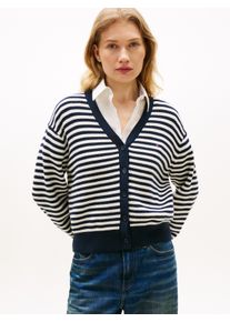 Strickpullover Tommy Hilfiger "CO CARDI LS CARDI", Damen, Gr. XS (34), fine stp ivory pet, schwarz n navy, Strick, Obermaterial: 100% Baumwolle, gestreift, regular fit, V-Ausschnitt, Pullover Strickpullover, mit Knopfleiste