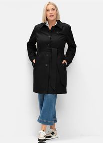 Trenchcoat sheego, Damen, Gr. 44, schwarz, 64% Baumwolle, 36% Polyester, unifarben, unifarben mit Farbeinsatz, unifarben mit Farbeins&auml;tzen, M&auml;ntel Trenchcoat