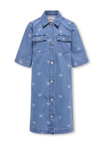 Jeanskleid KIDS Only "KOGLOVA SS HEART DNM DRESS", M&auml;dchen, Gr. 158, N-Gr, medium blau denim, Denim/Jeans, Obermaterial: 100% Baumwolle, bedruckt, leichte Abriebeffekte, Basic normal, Rundhals, weit angesetztes B&uuml;ndchen, Kleider Jeanskleid