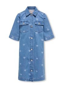 Jeanskleid KIDS Only "KOGLOVA SS HEART DNM DRESS", M&auml;dchen, Gr. 164, N-Gr, medium blau denim, Denim/Jeans, Obermaterial: 100% Baumwolle, bedruckt, leichte Abriebeffekte, Basic normal, Rundhals, weit angesetztes B&uuml;ndchen, Kleider Jeanskleid