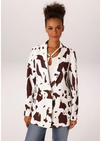 Longblazer Aniston CASUAL, Damen, Gr. 48, wollwei&szlig;, braun, Web, Obermaterial: 90% Polyester, 10% Elasthan. Futter: 100% Polyester, gemustert, l&auml;ssig geschnitten h&uuml;ftbedeckend, Blazer Longblazer, mit topaktuellen Kuh-Flecken -jedes Teil ein Unikat - NEUE KOLLEKTION