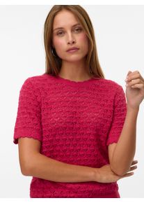 V&eacute;ro Moda Stricktop VERO MODA "VMJAQUELINE SS O-NECK TOP BOO", Damen, Gr. M, jazzy, Obermaterial: 60% Baumwolle, 40% Polyacryl, unifarben, regular fit normal, Rundhals, Tops Stricktop, mit zartem Muster, Topseller