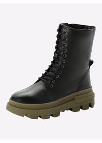 Schn&uuml;rstiefelette sheego, Damen, Gr. 39, schwarz, khaki, Glattleder, Leder, Schuhe Schn&uuml;rstiefelette