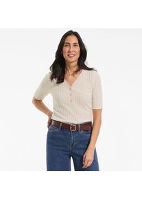 LANDS' END Rippstrick-Henleyshirt mit halblangen &Auml;rmeln, Damen,  Beige, Elasthan/Baumwoll-Mischung/Polyester-Mischung, by Lands' End