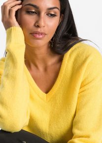 Strickpullover bonprix "Oversize-Strick-Pullover", Damen, Gr. 40/42 (M), gelb (maisgelb), Obermaterial: 75% Polyacryl, 22% Polyester, 3% Elasthan, oversize, Pullover Strickpullover, aus weichem Material, mit V-Ausschnitt, Oversize-Passform