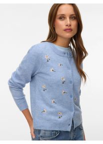 V&eacute;ro Moda Strickjacke VERO MODA "VMFIORELLA EMB LS O-NECK SHORT CARD BOO", Herren, Gr. XL, brunnera blau detail:melange with embroidery, Strick, Obermaterial: 79% Polyester, 13% Polyacryl, 5% Wolle, 3% Elasthan, bestickt, meliert, regular fit normal, Rundhals, Strickjacken Strickjacke, mit Blumenstickerei