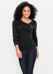 bonprix Feinstrickpullover aus Baumwoll-Mix, schwarz, Gr.32/34 (XS), Sch&ouml;ner Pullover mit Strickmix und Metall-Schnallen, 70% Baumwolle