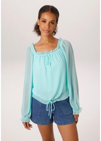 Schlupfbluse Aniston CASUAL, Damen, Gr. 38, aqua, Chiffon, Obermaterial: 100% Polyester, Strukturmuster, transparent, unifarben, l&auml;ssig geschnitten h&uuml;ftlang, Carmenausschnitt, Raglan&auml;rmel R&uuml;schen, Blusen Schlupfbluse, aus strukturiertem Chiffon - NEUE KOLLEKTION