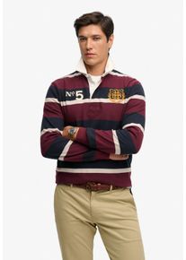 Langarmshirt Superdry "DOUBLE EMBLEM STRIPE RUGBY", Herren, Gr. M, port, navy stripe, Single Jersey, Obermaterial: 100% Baumwolle, gestreift, relaxed fit normal, ohne Ausschnitt, Shirts Langarmshirt