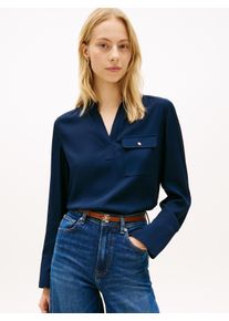 Langarmbluse Tommy Hilfiger "VIS TWILL V NECK BLOUSE LS", Damen, Gr. 40, schwarz night navy, Web, Obermaterial: 100% Viskose, unifarben, normal, Blusen Langarmbluse, mit Knopfleiste