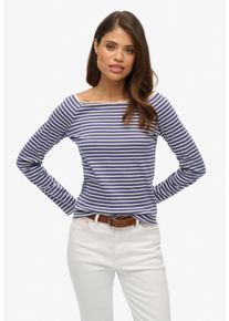 Langarmshirt Superdry "BARDOT OFF SHOULDER TOP", Damen, Gr. XL, mariner navy stripe, Single Jersey, Obermaterial: 100% Baumwolle, gestreift, regular fit normal, U-Boot-Ausschnitt, Shirts Langarmshirt, mit U-Boot Ausschnitt und Wellenkante am Bund