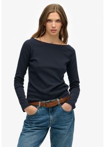 Langarmshirt Superdry "BARDOT OFF SHOULDER TOP", Damen, Gr. XS, eclipse navy, Single Jersey, Obermaterial: 100% Baumwolle, gestreift, regular fit normal, U-Boot-Ausschnitt, Shirts Langarmshirt, mit U-Boot Ausschnitt und Wellenkante am Bund