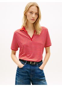 Poloshirt Tommy Hilfiger "LYOCELL PIQUE OPEN-NK SS POLO", Damen, Gr. L (42/44), small brt stp fireworks, calico, Single Jersey, Obermaterial: 65% Lyocell, 32% Baumwolle, 3% Elasthan, gestreift, gerade normal, V-Ausschnitt, Shirts Poloshirt, mit kleinem Logo-Stick