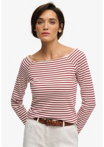 Langarmshirt Superdry "BARDOT OFF SHOULDER TOP", Damen, Gr. XL, bordeaux rot stripe, Single Jersey, Obermaterial: 100% Baumwolle, gestreift, regular fit normal, U-Boot-Ausschnitt, Shirts Langarmshirt, mit U-Boot Ausschnitt und Wellenkante am Bund