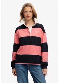 Langarm-Poloshirt Superdry "HERITAGE STRIPE RUGBY TOP", Damen, Gr. XL, navy, preppy pink, Single Jersey, Obermaterial: 100% Baumwolle, gestreift, oversize normal, Rundhals, Shirts Langarm-Poloshirt