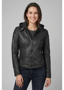 Lederjacke Mauritius "Cacey LEGV", Damen, Gr. L, grau (anthrazit), Obermaterial: 100% Schafsleder. Futter: 100% Baumwolle. Kapuze: 60% Baumwolle, 40% Polyester. &Auml;rmelfutter: 100% Polyester, unifarben, regular fit kurz, eingesetzt abgesteppt, Jacken Lederjacke, mti Kapuze, Rei&szlig;verschluss, Ziersteppung