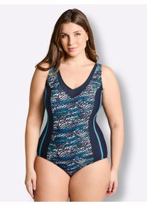 sheego Gro&szlig;e Gr&ouml;&szlig;en Badeanzug mit Kontrastpaspel, marine-t&uuml;rkis-bedruckt, Gr&ouml;&szlig;e 38D - Damen