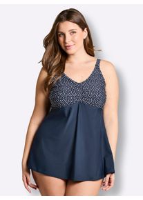 sheego Gro&szlig;e Gr&ouml;&szlig;en Badeanzug in Kleidchen-Form mit Raffung, dunkelblau-wei&szlig;-bedruckt, Gr&ouml;&szlig;e 48B - Damen