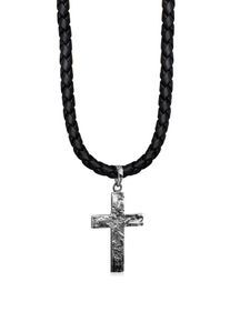 Kette mit Anh&auml;nger Kuzzoi "Halskette Herren Lederkette Kreuz Oxidiert Matt 925 Silber" Gr. 55, silber, Halsketten, Damen, 55, ohne Stein, Silber 925 (Sterlingsilber), Kette mit Anh&auml;nger