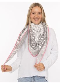 Dreieckstuch Zwillingsherz "Peace", Damen, grau, Strick, Materialmix, gemustert, mehrfarbig, Modet&uuml;cher Dreieckstuch, Schriftzug und Leomuster, w&auml;rmend, Strick