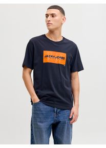 Jack & Jones Rundhalsshirt JACK & JONES "JJCOLE PRINT TEE SS CREW NECK", Herren, Gr. S, navy blazer, Jersey, Obermaterial: 100% Baumwolle, bedruckt, regular fit normal, Rundhals, Shirts Rundhalsshirt