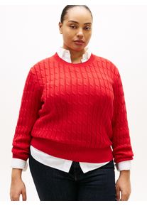Rundhalspullover Tommy Hilfiger Curve "CRV CO CABLE MID GG C-NK LS SWT", Damen, Gr. 54, primary rot, Strick, Obermaterial: 100% Baumwolle, unifarben, Rundhals, Rippb&uuml;ndchen, Pullover Rundhalspullover, in gro&szlig;en Gr&ouml;&szlig;en, mit Zopfmuster