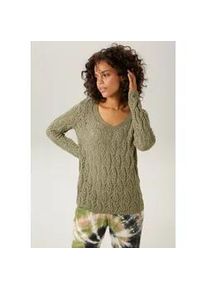 Strickpullover Aniston CASUAL, Damen, Gr. 36, gr&uuml;n (khaki), Strick, Obermaterial: 100% Baumwolle, unifarben, figurumspielend h&uuml;ftlang, V-Ausschnitt, Rippstrickb&uuml;ndchen, Pullover Strickpullover, mit trendigem Ajour-Muster