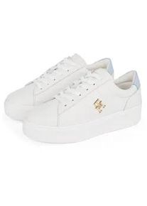 Plateausneaker Tommy Hilfiger "PLATFORM COURT SNEAKER", Damen, Gr. 42, blau (wei&szlig;, hellblau), Leder, Schuhe Plateausneaker, Freizeitschuh, Halbschuh, Schn&uuml;rschuh mit TH-Schmuckelement