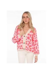 Strickjacke Zwillingsherz "Big Leo", Damen, pink (neonpink), Grobstrick, Obermaterial: 57% Polyester, 29% Polyamid, 7% Wolle, 7% Viskose, comfort fit h&uuml;ftlang, V-Ausschnitt, Strickjacken Strickjacke, One Size, Animal-Muster, Langarm, Kn&ouml;pfe, tiefer V-Ausschnitt