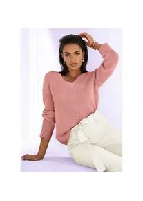 Madeleine Mode Longpullover MADELEINE "Pullover Langarm-Pullover mit V-Ausschnitt", Damen, Gr. 36/38, rosa (blassrosa), Obermaterial: 100% Baumwolle CO., Modern, Pullover Longpullover, Markante Rippstruktur