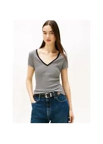 Tommy Hilfiger Kurzarmshirt TOMMY JEANS "TJW SLIM ESSENTIAL RIB V SS", Damen, Gr. XS (34), schwarz, ecru stripe, Single Jersey, Obermaterial: 95% Baumwolle, 5% Elasthan, gestreift, slim fit kurz, tiefer V-Ausschnitt, abgesteppt, Shirts, mit gerippter Struktur