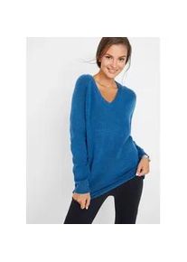 Strickpullover bonprix "Strickpullover mit V-Ausschnitt, Oversized Fit", Damen, Gr. 44/46 (L), blau (polarblau), Strick, Obermaterial: 67% Polyacryl, 30% Polyester, 3% Elasthan, unifarben, bequem normal, V-Ausschnitt, Rippb&uuml;ndchen, Pullover Strickpullover, aus Polyacryl, Polyester und Elasthan, mit Rippb&uuml;ndchen