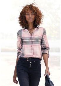 Hemdbluse Buffalo, Damen, Gr. 42, rosa (rosa, schwarz kariert), Flanell, Obermaterial: 100% Baumwolle, kariert, figurumspielend h&uuml;ftlang, ohne Ausschnitt, mit Riegel 1-Knopf-Manschette, Blusen Hemdbluse, aus weichem Flanell mit Blusenkragen, Flanellhemd, Karobluse, Topseller