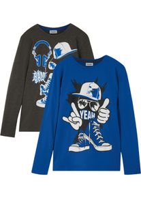 Langarmshirt bonprix, Jungen, Gr. 128/134, grau (anthrazit meliert, azurblau bedruckt), Single Jersey, Obermaterial: 100% Baumwolle, bedruckt, unifarben, Basic h&uuml;ftbedeckend, Rundhals, Shirts Langarmshirt, bequeme Passform, mit gro&szlig;fl&auml;chigem Print, f&uuml;r Schule und Freizeit