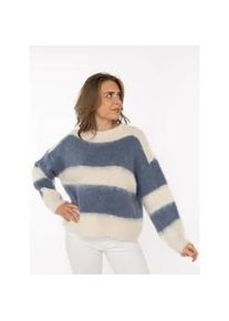 Strickpullover Zwillingsherz "Streifen", Damen, jeans, sanftes wei&szlig;, Strick, Obermaterial: 65% Polyacryl, 17% Polyamid, 9% Wolle, 9% Viskose, colorblocking, mehrfarbig, bequem taillenbedeckt, Rundhals, Rippstrickb&uuml;ndchen, Pullover Strickpullover, kuschelig mit Rundhalsausschnitt, Blockstreifen und Wollanteil