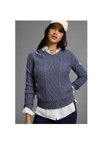 Kapuzenpullover Kangaroos, Damen, Gr. 52/54, blau (graublau), Strick, Obermaterial: 50% Baumwolle, 50% Polyacryl, unifarben, figurumspielend h&uuml;ftlang, V-Ausschnitt, Rippb&uuml;ndchen, Pullover Kapuzenpullover, aus Zopfstrick