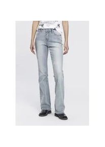 Bootcut-Jeans Arizona "Shaping", Damen, Gr. 19, K + L Gr, blau (bleached), Jeans, Obermaterial: 79% Baumwolle, 19% Polyester, 2% Elasthan, Abriebeffekte, Basic, bootcut fit lang, Jeans, elastische Passform, Bootcut-Beinform, Used-Waschung, hohe Taille