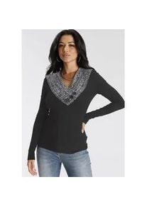 Strickpullover Melrose, Damen, Gr. 36, schwarz, Feinstrick, Obermaterial: 56% Viskose, 24% Polyamid, 20% Polyacryl, kontrastfarbene Details, sehr figurbetont h&uuml;ftlang, tiefer V-Ausschnitt, Pullover Strickpullover, mit Kontrastkragen und Zierkn&ouml;pfen