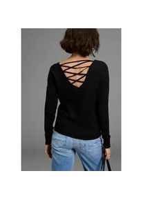 Strickpullover Laura Scott, Damen, Gr. 46, schwarz, Feinstrick, Obermaterial: 50% Viskose, 28% Polyester, 22% Polyamid, unifarben, figurumspielend h&uuml;ftbedeckend, U-Boot-Ausschnitt, Pullover Strickpullover, softer &Uuml;bergangsstrick mit femininen Schn&uuml;rdetails