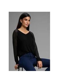 V-Shirt Bruno Banani, Damen, Gr. 36/38, schwarz, Jersey, Obermaterial: 95% Viskose, 5% Elasthan. Netzmaterial: 95% Polyester, 5% Elasthan, Mesh, gestreift, unifarben, loose fit h&uuml;ftbedeckend, V-Ausschnitt, Raglan&auml;rmel angesetztes B&uuml;ndchen, Shirts, mit Mesh-Streifen im &Auml;rmel