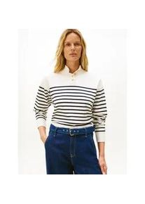 Strickpullover Tommy Hilfiger "CO JERSEY GOLD BTN MOCK-NK SWT", Damen, Gr. XXL (44), placed thin navy stp sweaters, Strick, Obermaterial: 75% Baumwolle, 25% Polyamid, gestreift, h&uuml;ftlang, Rundhals, Pullover Strickpullover, mit goldfarbenen Kn&ouml;pfen