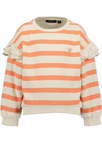 Sweatshirt Blue Seven, M&auml;dchen, Gr. 128, pink (melone), angeraute Sweatware, Obermaterial: 100% Baumwolle, geringelt, gestreift, regular fit taillenlang, Rundhals, Rippb&uuml;ndchen, Sweatshirts Sweatshirt, mit tollen R&uuml;schen an der Schulter