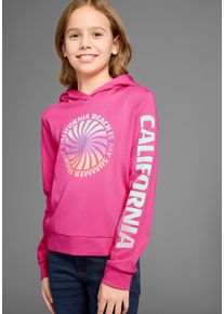 Kapuzenshirt Kidsworld "Langarmshirt mit &Auml;rmelprint", M&auml;dchen, Gr. 140/146, pink, Interlock, Obermaterial: 100% Baumwolle, bedruckt, gerade taillenbedeckt, B&uuml;ndchen, Shirts Kapuzenshirt, Langarm, gerade Passform, mit coolem Aufdruck